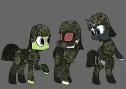 Size: 2048x1444 | Tagged: safe, derpibooru import, pony, unicorn, balaclava, boots, camouflage, clothes, gas mask, helmet, image, jpeg, mask, military, military pony, military uniform, shoes, smiling, trio, uniform