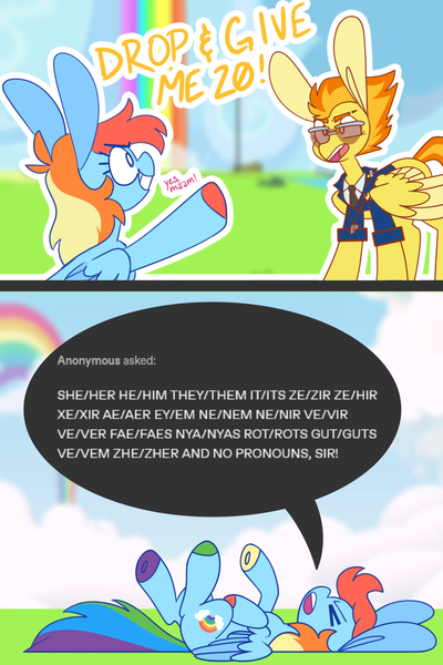 Size: 1227x1841 | Tagged: safe, artist:glowfangs, derpibooru import, rainbow dash, spitfire, pegasus, pony, clothes, cloudsdale, duo, image, meme, neopronouns, png, pronouns, speech bubble, sunglasses, thunderbolt, uniform