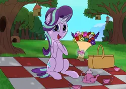 Size: 2048x1444 | Tagged: safe, derpibooru import, starlight glimmer, pony, unicorn, flower, forest, image, jpeg, looking at you, picnic, sitting, smiling, smiling at you, tea time, tree