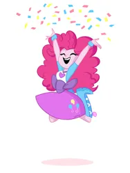 Size: 900x1200 | Tagged: safe, artist:selena marchetti, derpibooru import, pinkie pie, human, equestria girls, boots, clothes, confetti, eyes closed, female, g4, happy, humanized, image, jpeg, jumping, open mouth, open smile, pony coloring, raised arms, shirt, shoes, simple background, skirt, smiling, solo, white background, wristband
