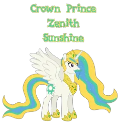 Size: 4577x4823 | Tagged: source needed, safe, anonymous artist, derpibooru import, oc, oc:crown prince zenith sunshine, unofficial characters only, alicorn, pony, absurd resolution, alicorn oc, beard, closed mouth, crown, crown prince, ethereal mane, ethereal tail, eyebrows, eyes open, facial hair, goatee, hoof shoes, horn, image, jewelry, male, moustache, name, offspring, parent:king equus, parent:princess celestia, parents:canon x oc, parents:celequus, png, pony oc, prince, product of incest, regalia, royalty, simple background, solo, spread wings, stallion, tail, text, transparent background, wings
