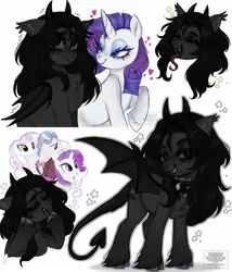 Size: 1755x2048 | Tagged: safe, artist:damon_ekel, derpibooru import, rarity, oc, unicorn, bat wings, canon x oc, chest fluff, choker, cloven hooves, devil tail, ear fluff, eyes closed, forked tongue, heart, horns, image, jpeg, lidded eyes, looking at you, nervous, nervous sweat, smiling, tail, unshorn fetlocks, wings