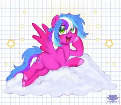 Size: 2048x1775 | Tagged: safe, artist:damon_ekel, derpibooru import, oc, unofficial characters only, pony, blushing, cloud, freckles, happy, image, jpeg, lying down, lying on a cloud, on a cloud, open mouth, open smile, smiling, solo, spread wings, wings