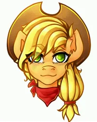 Size: 3277x4096 | Tagged: safe, artist:elusivepurple, derpibooru import, applejack, earth pony, pony, :3, bust, eye clipping through hair, eyebrows, eyebrows visible through hair, image, jpeg, looking at you, neckerchief, portrait, smiling, solo