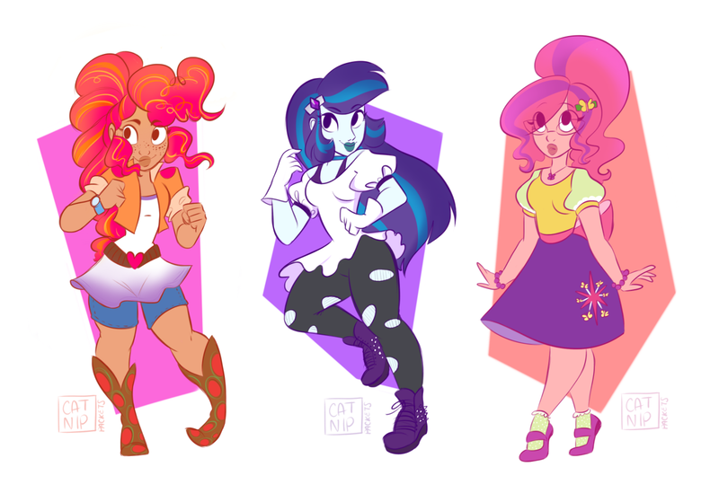 Size: 1280x894 | Tagged: safe, artist:selena marchetti, derpibooru import, human, equestria girls, boots, bracelet, clothes, freckles, fusion, fusion:applejack, fusion:fluttershy, fusion:pinkie pie, fusion:rainbow dash, fusion:rarity, fusion:twilight sparkle, g4, gloves, hairclip, humanized, image, jacket, jewelry, pants, png, pony coloring, shirt, shoes, shorts, signature, skirt, socks, trio