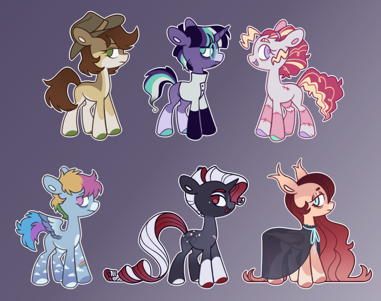 Size: 923x730 | Tagged: safe, artist:glowfangs, derpibooru import, applejack, fluttershy, pinkie pie, rainbow dash, rarity, twilight sparkle, bat pony, demon, demon pony, earth pony, original species, pegasus, pony, undead, unicorn, vampire, vampony, werewolf, alternate color palette, alternate design, alternate universe, alternate versions at source, base used, cloak, clothes, cowboy hat, frankenpony, gloves, gradient background, hat, image, lab coat, mad scientist, mane six, png, possessed, stitches, stubble