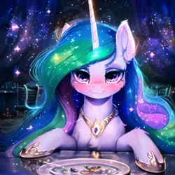 Size: 2560x2560 | Tagged: safe, derpibooru import, machine learning generated, novelai, stable diffusion, princess celestia, alicorn, pony, abstract background, ai content, blushing, chest fluff, cute, female, food, high res, horn, image, indoors, jewelry, jpeg, looking at you, mare, prompter:endless--, regalia, restaurant, sitting, smiling, smiling at you, solo, table