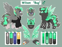 Size: 8000x6000 | Tagged: safe, artist:crazysketch101, derpibooru import, oc, oc:wilson, changeling, pegasus, pony, clothes, ear piercing, earring, fangs, hoodie, image, jewelry, mawshot, open mouth, piercing, png, reference sheet