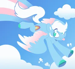 Size: 1280x1181 | Tagged: safe, artist:glowfangs, derpibooru import, prism glider, pegasus, pony, :p, cloud, colored hooves, colored wings, eyebrows, eyebrows visible through hair, flying, image, no pupils, png, pride, pride flag, sky, solo, tongue out, transgender, transgender pride flag, wings