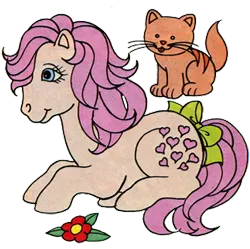 Size: 311x310 | Tagged: safe, derpibooru import, peachy, twinkles, cat, earth pony, pony, g1, bow, cute, flower, g1betes, image, lying down, peachybetes, pink mane, png, simple background, solo, tail, tail bow, transparent background