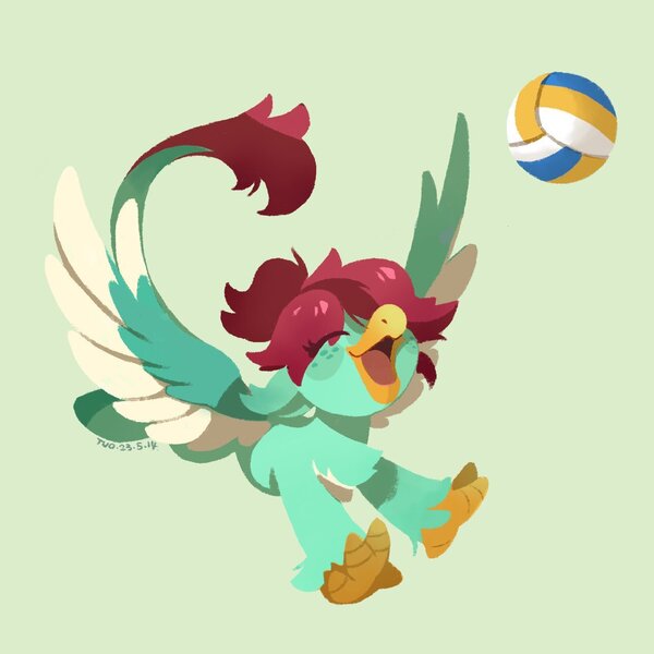 Size: 1288x1288 | Tagged: safe, artist:drtuo4, derpibooru import, oc, unofficial characters only, hippogriff, ball, eyes closed, happy, image, jpeg, open mouth, open smile, smiling, solo, sports, spread wings, volleyball, wings