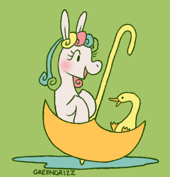 Size: 838x874 | Tagged: safe, artist:greengrizz, derpibooru import, quackers, bird, duck, pony, g1, green background, happy, image, open mouth, open smile, png, puddle, signature, simple background, sitting, solo, umbrella, water