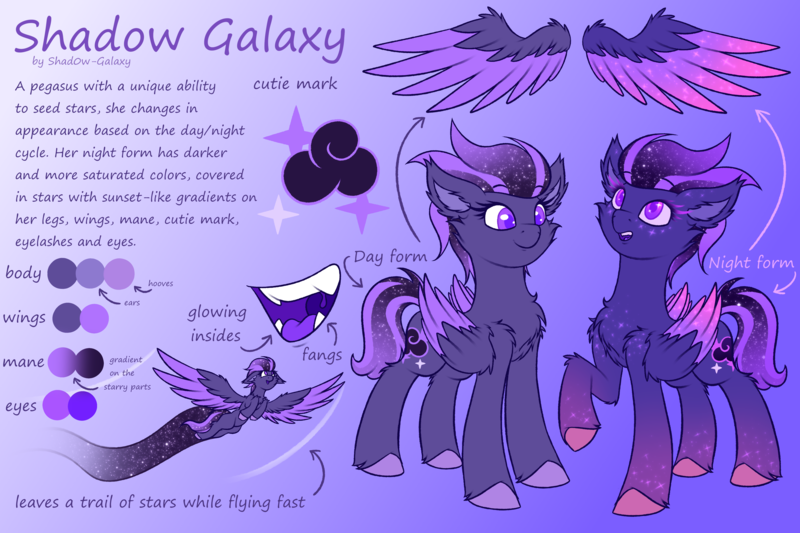 Size: 4500x3000 | Tagged: safe, artist:shad0w-galaxy, derpibooru import, oc, oc:shadow galaxy, unofficial characters only, pegasus, pony, alternate design, chest fluff, colored wings, cute, ear fluff, ethereal mane, fangs, female, flight trail, floating wings, flying, folded wings, gradient background, gradient hooves, gradient mane, gradient tail, gradient wings, high res, hooves, image, mare, multeity, multicolored hair, open mouth, png, purple eyes, purple insides, raised hoof, reference sheet, remastered, smiling, solo, speed trail, spread wings, starry eyes, starry mane, starry wings, tail, text, unshorn fetlocks, wingding eyes, wings