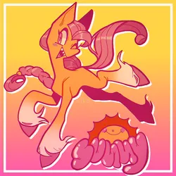 Size: 768x768 | Tagged: safe, artist:glorioustragedykid, derpibooru import, sunny starscout, earth pony, pony, g5, abstract background, bounding, braid, braided ponytail, colored, concave belly, female, frame, gradient background, hoof fluff, image, mare, one eye closed, open mouth, png, ponytail, sharp teeth, signature, solo, stylized, teeth, thin, unshorn fetlocks, wink