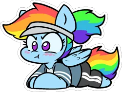 Size: 1004x758 | Tagged: safe, artist:zutcha, derpibooru import, rainbow dash, pegasus, pony, :t, alternate hairstyle, blushing, cute, dashabetes, female, image, lying down, mare, outline, png, ponytail, prone, simple background, solo, sploot, transparent background, visor cap, white outline