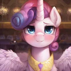 Size: 2560x2560 | Tagged: safe, derpibooru import, machine learning generated, novelai, stable diffusion, princess flurry heart, alicorn, pony, ai content, blushing, bust, cute, female, high res, horn, image, indoors, jewelry, jpeg, lidded eyes, looking at you, mare, older, portrait, prompter:endless--, regalia, smiling, smiling at you, solo, spread wings, wings
