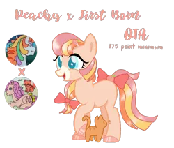 Size: 1806x1529 | Tagged: safe, artist:vernorexia, derpibooru import, twinkles, oc, cat, earth pony, pony, g1, adoptable, adoptable open, bangs, base used, bow, colored hooves, food, g4, hair bow, hairclip, hairpin, image, magical lesbian spawn, multicolored mane, offspring, parent:first born, parent:peachy, parents:peachyborn, peach, png, solo focus, tail, tail bow