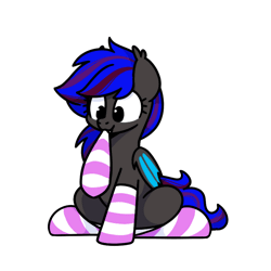 Size: 800x800 | Tagged: safe, artist:sugar morning, derpibooru import, oc, oc:ebony rose, unofficial characters only, bat pony, animated, clothes, commission, cute, ear tufts, emanata, fangs, female, gif, image, mouth hold, ocbetes, simple background, sitting, smiling, socks, solo, sparkles, spread wings, striped mane, striped socks, striped tail, sugar morning's sockies, tail, transparent background, two toned mane, two toned tail, wings, ych result