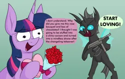Size: 2508x1596 | Tagged: safe, artist:moonatik, derpibooru import, twilight sparkle, changeling, pony, unicorn, abstract background, angry, bouquet of flowers, box of chocolates, changeling domination, confused, dialogue, female, flower, heart, image, male, mare, meme, mp40, png, rose, unicorn twilight, wings
