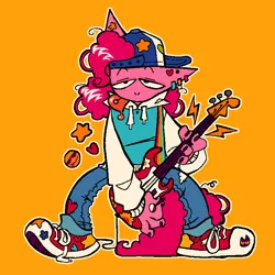 Size: 768x768 | Tagged: safe, artist:glorioustragedykid, derpibooru import, pinkie pie, anthro, earth pony, plantigrade anthro, :p, backwards ballcap, baseball cap, cap, clothes, denim, ear piercing, guitar, hat, hoodie, image, jeans, musical instrument, pants, piercing, png, simple background, solo, tongue out, tongue piercing, yellow background