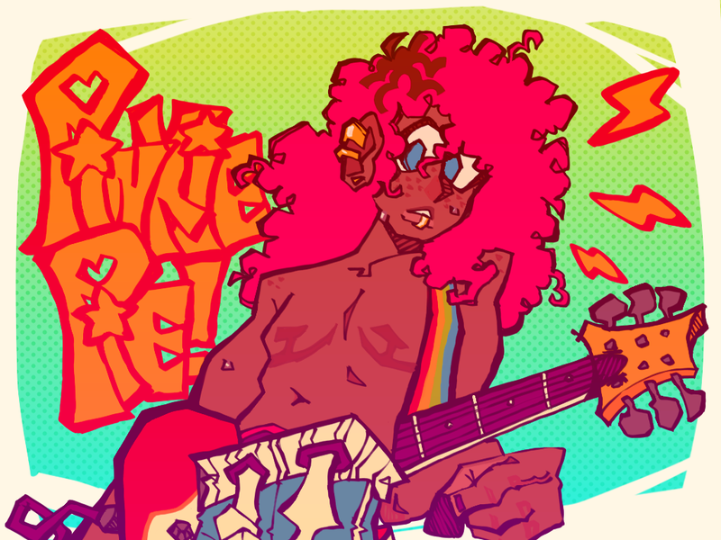 Size: 1024x768 | Tagged: safe, artist:glorioustragedykid, derpibooru import, pinkie pie, human, blue eyes, clothes, dark skin, ear piercing, electric guitar, freckles, gradient background, guitar, guitar pick, humanized, image, lip piercing, male, musical instrument, painted nails, pants, partial nudity, piercing, pink hair, png, scar, solo, surgery scar, sweat, sweatdrops, sweatpants, topless, trans male, transgender