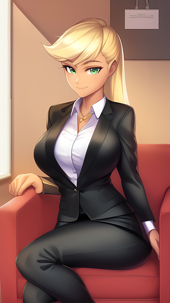 Size: 864x1536 | Tagged: safe, derpibooru import, editor:sammykun, machine learning generated, novelai, stable diffusion, applejack, human, ai content, big breasts, breasts, business, business suit, busty applejack, chair, clothes, female, humanized, image, long sleeves, looking at you, png, prompter:sammykun, shirt, sitting, solo, suit, white shirt