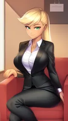 Size: 864x1536 | Tagged: safe, derpibooru import, editor:sammykun, machine learning generated, novelai, stable diffusion, applejack, human, ai content, big breasts, breasts, business, business suit, busty applejack, chair, clothes, female, humanized, image, long sleeves, looking at you, png, prompter:sammykun, shirt, sitting, solo, suit, white shirt