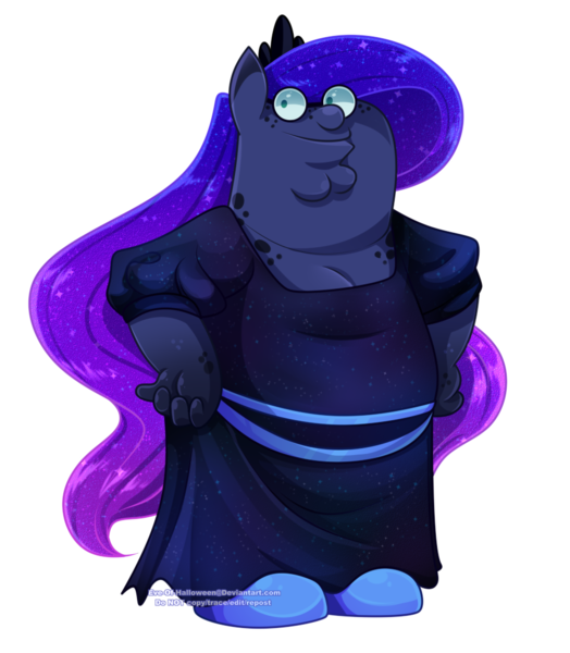 Size: 936x1072 | Tagged: safe, artist:eve-of-halloween, derpibooru import, princess luna, anthro, abomination, commission, commissioner:reversalmushroom, cursed image, family guy, female, highlights, image, long hair, meme, peter griffin, png, shading, shitposting, simple background, solo, transparent background