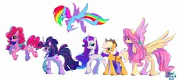 Size: 2048x924 | Tagged: safe, artist:petaltwinkle, derpibooru import, applejack, fluttershy, pinkie pie, rainbow dash, rarity, twilight sparkle, earth pony, pegasus, pony, unicorn, eye clipping through hair, female, flying, glasses, height difference, image, jewelry, jpeg, mane six, mare, necklace, pronking, simple background, spread wings, unicorn twilight, unshorn fetlocks, white background, wings