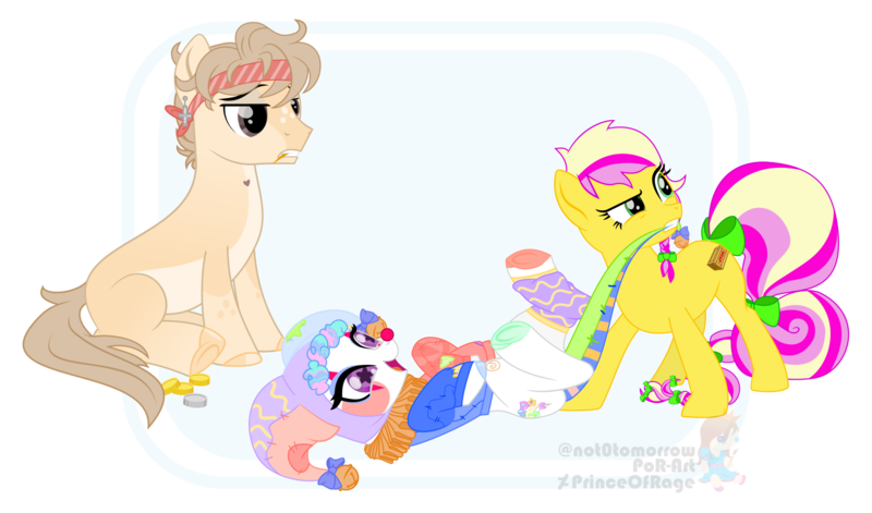 Size: 1700x1000 | Tagged: safe, artist:princeofrage, derpibooru import, oc, oc:maxum, oc:patchesfrancesdoodlepancakeknickerbackervii, oc:strawberry b!tchcake, unofficial characters only, earth pony, pony, adoption, bits, bow, clothes, clown, clown makeup, clown nose, dragging, earth pony oc, group, hair bow, hat, headband, image, jester, jester hat, jingle bells, png, ponysona, red nose, simple background, tail, tail bow, toothpick, underhoof