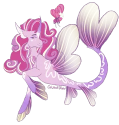 Size: 1116x1173 | Tagged: safe, artist:caliartshow, derpibooru import, oc, unofficial characters only, alicorn, pony, seapony (g4), adoptable, alicorn oc, clothes, colored pupils, digital art, dorsal fin, eyelashes, female, fin, fin wings, fins, fish tail, flowing mane, flowing tail, horn, image, looking at you, mare, mermay, pink mane, png, seaponified, see-through, signature, simple background, smiling, smiling at you, solo, species swap, spread wings, tail, transparent background, wings, yellow eyes