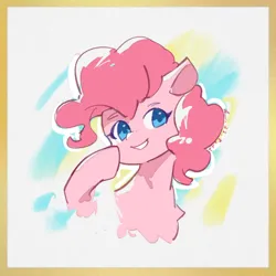 Size: 960x960 | Tagged: safe, artist:lendftcn, derpibooru import, pinkie pie, earth pony, pony, abstract background, border, bust, colored pupils, female, grin, image, mare, png, smiling, solo