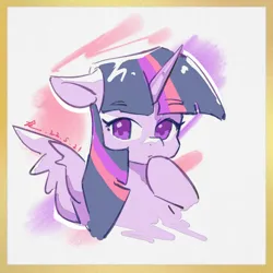 Size: 960x960 | Tagged: safe, artist:lendftcn, derpibooru import, twilight sparkle, twilight sparkle (alicorn), alicorn, pony, bust, eyebrows, eyebrows visible through hair, floppy ears, hoof on chin, image, one wing out, png, solo, wings