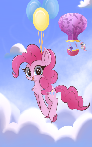 Size: 2200x3500 | Tagged: safe, artist:thebigstuff89, derpibooru import, fluttershy, pinkie pie, twilight sparkle, earth pony, pegasus, pony, balloon, chest fluff, cloud, cute, diapinkes, female, flying, high res, horn, hot air balloon, image, looking at you, mare, open mouth, open smile, png, sky, smiling, smiling at you, sparkly eyes, spread wings, trio, wingding eyes, wings