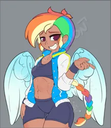Size: 517x593 | Tagged: safe, artist:inkypuso, derpibooru import, rainbow dash, human, abs, alternate hairstyle, belly button, braid, braided ponytail, clothes, compression shorts, female, gray background, grin, humanized, image, looking at you, midriff, png, ponytail, simple background, smiling, smiling at you, solo, sports bra, tan skin, watermark, winged humanization, wings