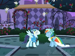 Size: 808x598 | Tagged: safe, artist:soarinldash, derpibooru import, rainbow dash, soarin', pegasus, pony, a canterlot wedding, blushing, clothes, dancing, eyes closed, female, garden, image, jpeg, male, mare, shipping, smiling, soarindash, stallion, straight