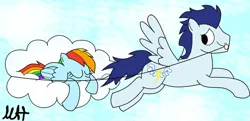 Size: 900x435 | Tagged: safe, artist:willowtails, derpibooru import, rainbow dash, soarin', pegasus, pony, cloud, female, flying, image, jpeg, male, mare, shipping, sky, sleeping, soarindash, stallion, straight