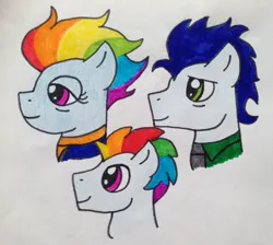 Size: 944x846 | Tagged: safe, artist:dragonpriness, derpibooru import, rainbow dash, soarin', oc, oc:lightning cloud, pegasus, pony, female, image, jpeg, male, mare, offspring, older, older rainbow dash, older soarin', parent:rainbow dash, parent:soarin', parents:soarindash, shipping, simple background, soarindash, stallion, straight, traditional art