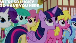 Size: 2000x1125 | Tagged: safe, derpibooru import, edit, edited screencap, editor:quoterific, screencap, cherry berry, dizzy twister, minuette, orange swirl, rarity, spring melody, sprinkle medley, twilight sparkle, pinkie pride, image, png