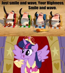 Size: 960x1078 | Tagged: safe, derpibooru import, editor:incredibubbleirishguy, twilight sparkle, twilight sparkle (alicorn), alicorn, bird, penguin, magical mystery cure, big crown thingy, clothes, coronation dress, dress, element of magic, image, jewelry, kowalski, madagascar (dreamworks), magical mystery cure tenth anniversary, meme, png, private (madagascar), regalia, rico, skipper, smile and wave, the penguins of madagascar, waving