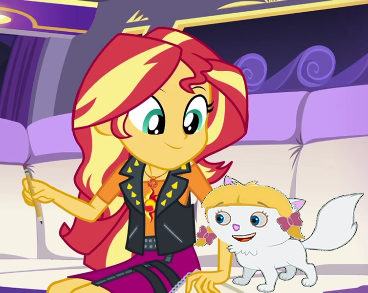 Size: 807x643 | Tagged: safe, derpibooru import, edit, edited screencap, editor:incredibubbleirishguy, screencap, sunset shimmer, cat, human, driving miss shimmer, equestria girls, equestria girls series, annie (little einsteins), blonde hair, cropped, crossover, cursed image, driving miss shimmer: rarity, female, geode of empathy, image, kitten, limousine, little einsteins, magical geodes, owner, pencil, pet, pigtails, png, seat, species swap, white fur, why