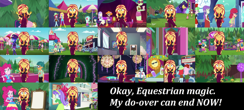 Size: 5000x2252 | Tagged: safe, derpibooru import, edit, edited screencap, editor:incredibubbleirishguy, screencap, applejack, bon bon, fluttershy, lyra heartstrings, pinkie pie, rainbow dash, sci-twi, snails, snips, sunset shimmer, sweetie drops, twilight sparkle, wallflower blush, watermelody, equestria girls, equestria girls series, sunset's backstage pass!, spoiler:eqg series (season 2), angry, annoyed, background character, background human, bathroom, bicycle, geode of empathy, geode of sugar bombs, hedge maze, image, magical geodes, png, quote, time loop, umbrella