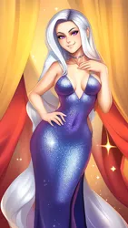 Size: 864x1536 | Tagged: safe, derpibooru import, editor:sammykun, machine learning generated, trixie, human, equestria girls, ai content, blue dress, breasts, busty trixie, clothes, curvy, dress, hand on hip, humanized, image, jewelry, jpeg, long dress, looking at you, necklace, prompter:sammykun, reasonably sized breasts, request, requested art, shiny, sleeveless, slim, smiling, sparkles, teeth, tight clothing