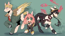 Size: 3600x2000 | Tagged: safe, artist:yuyusunshine, derpibooru import, ponified, pegasus, pony, anime, anya forger, female, filly, image, loid forger, magic, male, mare, png, spy x family, stallion, yor forger