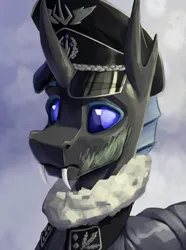 Size: 3120x4200 | Tagged: safe, artist:stardustspix, derpibooru import, oc, changeling, equestria at war mod, abstract background, blue changeling, bust, clothes, colored eyebrows, colored eyelashes, fangs, hat, high res, image, male, nazi, png, portrait, scar, solo