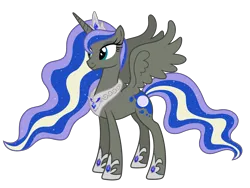 Size: 5405x4062 | Tagged: source needed, safe, anonymous artist, derpibooru import, oc, oc:crown princess perigee moonshine, unofficial characters only, alicorn, pony, absurd resolution, alicorn oc, closed mouth, crown, crown princess, ethereal mane, ethereal tail, eyelashes, eyes open, eyeshadow, female, g4, happy, hoof shoes, horn, image, jewelry, makeup, mare, mare of the moon, nostrils, offspring, parent:king equus, parent:princess luna, parents:canon x oc, parents:equuna, png, pony oc, princess, product of incest, regalia, royalty, show accurate, simple background, smiling, solo, spread wings, tail, text, transparent background, vector, wings