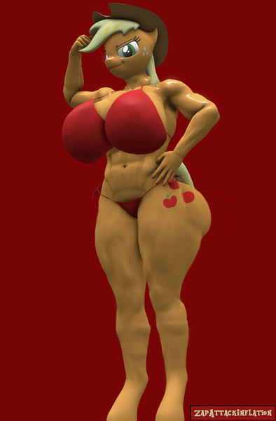 Size: 710x1080 | Tagged: questionable, artist:zapattackinflation, derpibooru import, applejack, anthro, earth pony, pony, 3d, 3d model, abs, applejacked, bicep flex, biceps, big breasts, bra, breasts, clothes, cowboy hat, hat, image, muscles, nexgen, panties, photo, png, red bra, red panties, simple background, smiling, smirk, source filmmaker, sweat, underwear, watermark