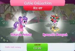 Size: 1263x854 | Tagged: safe, derpibooru import, official, petunia petals, earth pony, pony, bouquet, bundle, clothes, costs real money, english, female, flower, flower in hair, freckles, gameloft, image, jpeg, mare, mobile game, my little pony: magic princess, numbers, sale, solo, solo focus, text