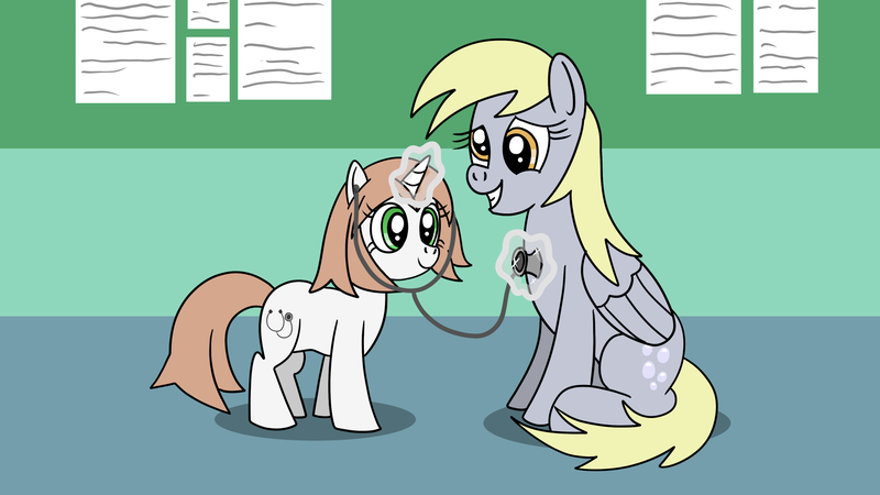 Size: 1920x1080 | Tagged: safe, artist:platinumdrop, derpibooru import, derpy hooves, oc, oc:healing touch, pony, commission, female, filly, foal, happy, image, magic, png, smiling, stethoscope