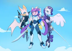 Size: 1066x750 | Tagged: safe, artist:roboprismproductions, derpibooru import, rarity, alicorn, anthro, bat, dragon, alicornified, determined, female, floating, flying, freedom planet, gun, image, jpeg, looking at you, race swap, rapier, raricorn, ready to fight, rocket knight, rouge the bat, sash lilac, sky, sky background, sonic the hedgehog (series), spread wings, sword, trio, trio female, weapon, wings